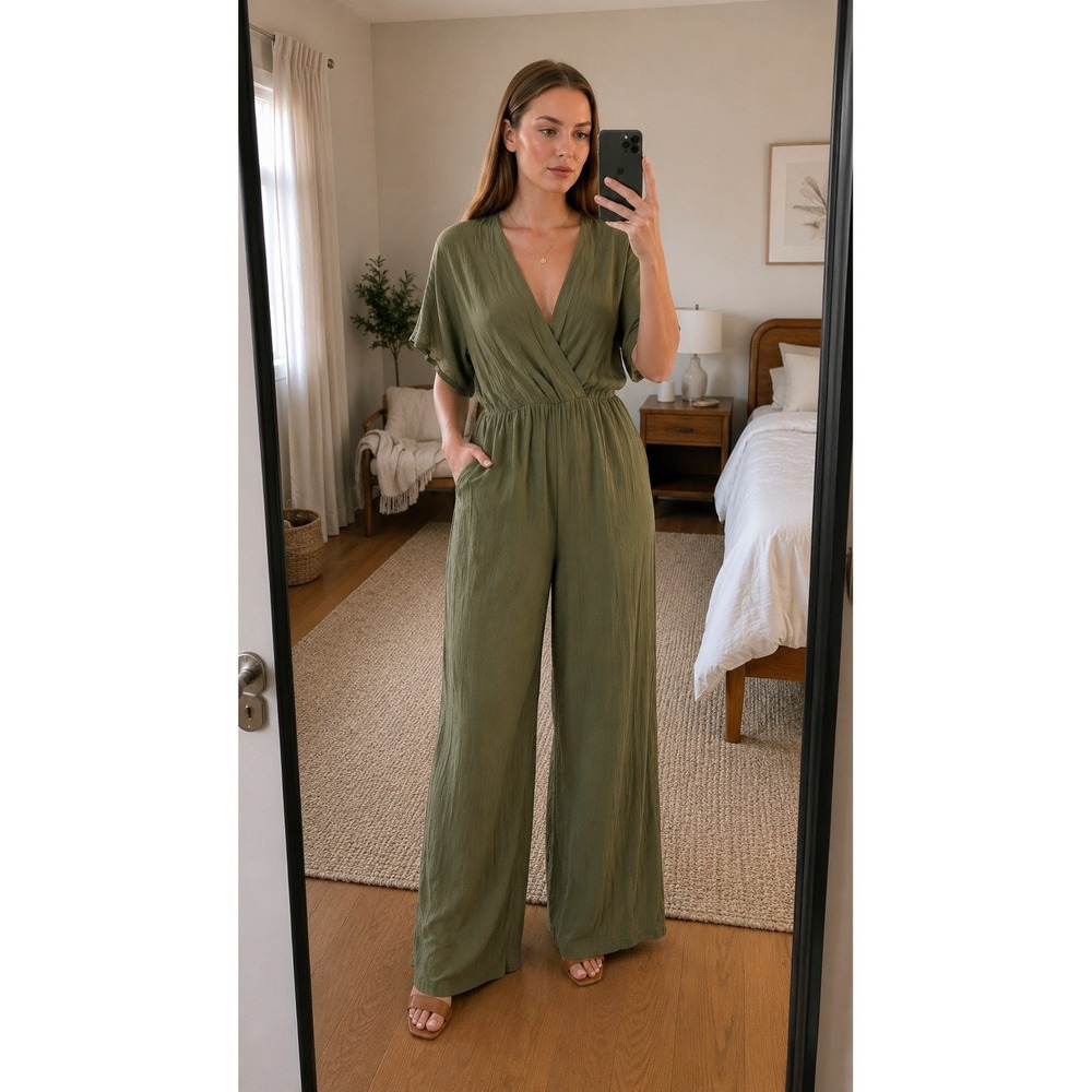 Favlux Womens Wide Leg Jumpsuit Large Green Flutter Sleeve Boho Flowy Earthy